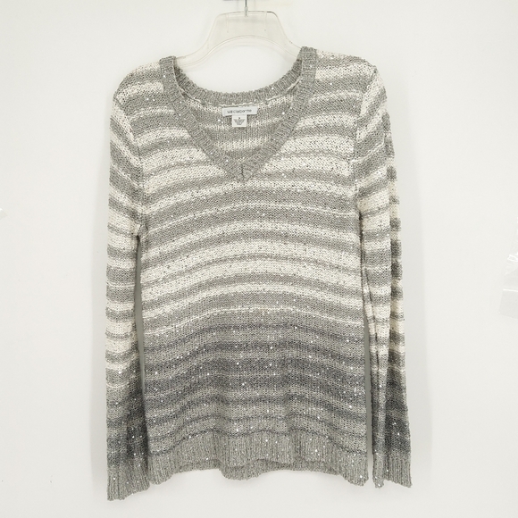 Liz claiborne sequined gray Striped knit sweater size small - Picture 1 of 8